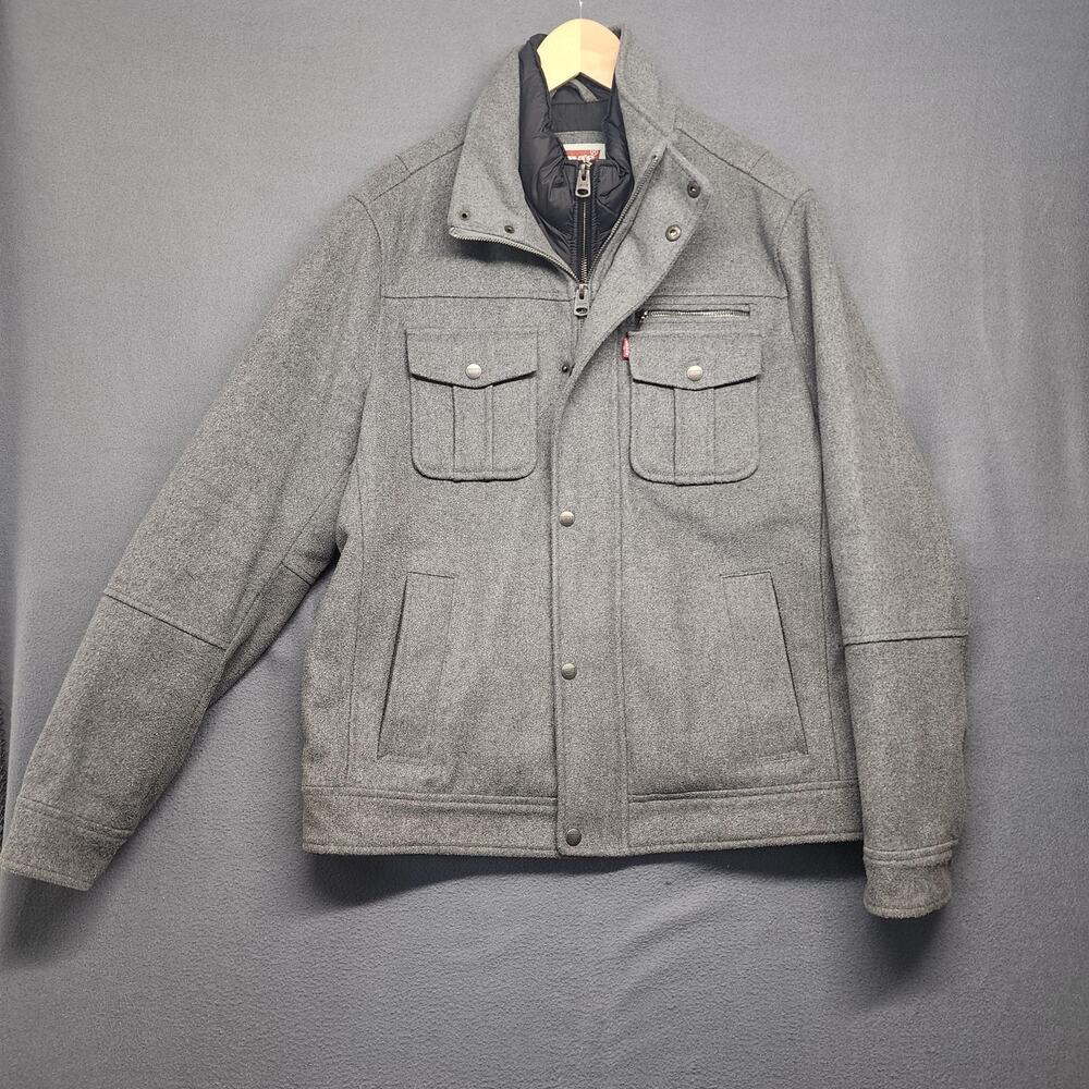 Levi's Jacket Mens Large Gray Wool Blend Quilted Lined Field Coat Snap Zip